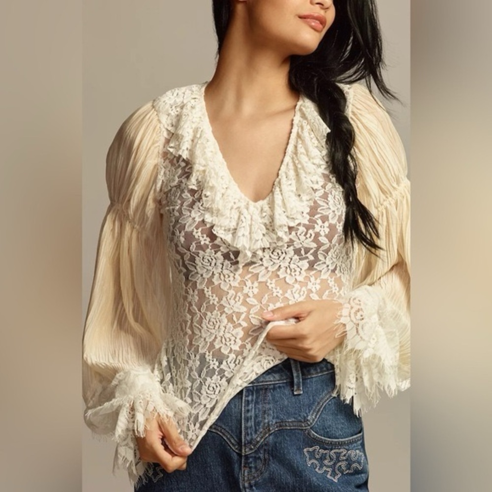 NWT Size M By Anthropologie WideSleeve Sheer Lace Top - Picture 3 of 16